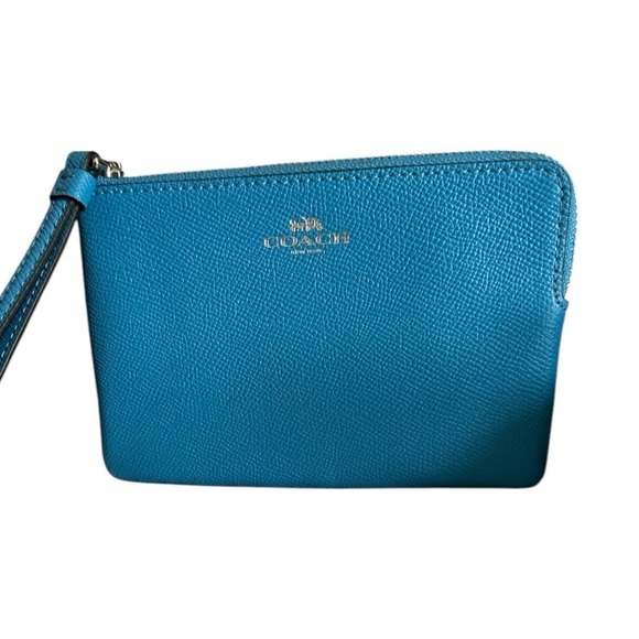 🦋 Authentic Blue Silver COACH Crossgrain Leather Zip Wristlet Logo - Picture 2 of 3